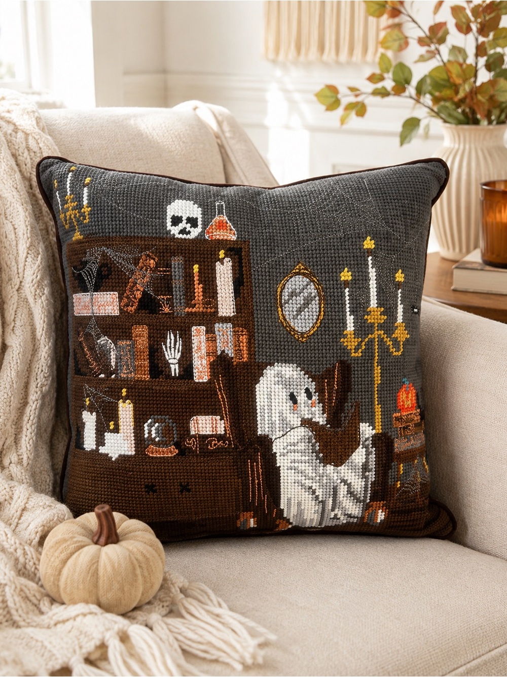 The Farmhouse by Rachel Ashwell 14x14 Ghost Reading Books Needlepoint Halloween
